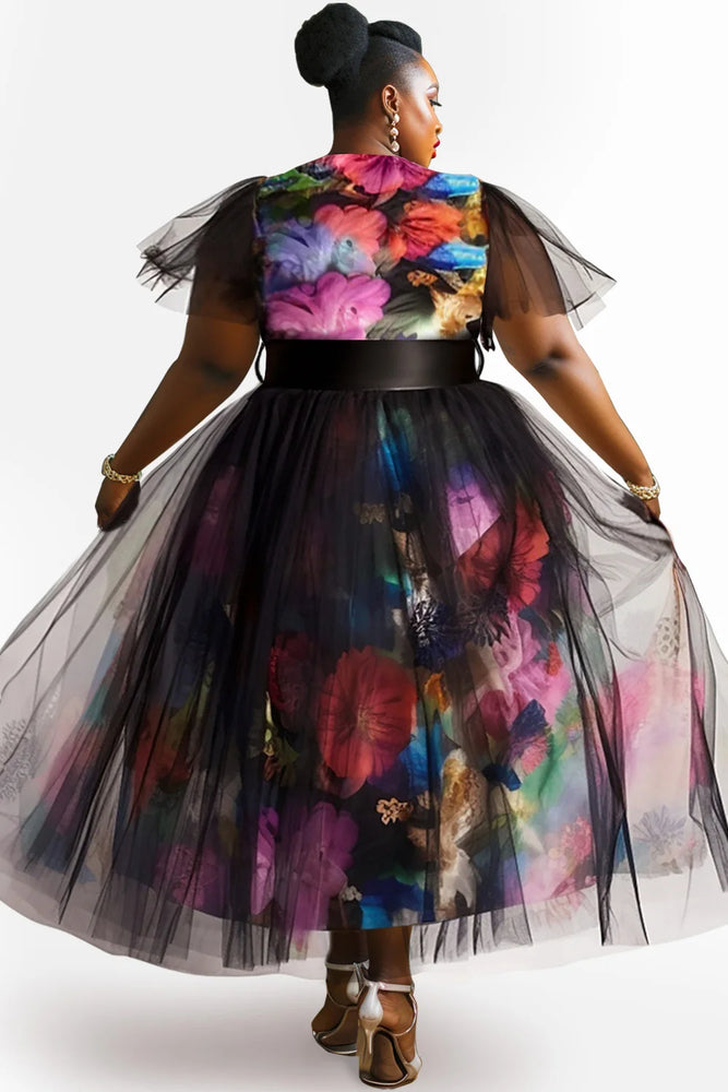 Elegant Black Floral  Fashion Two Piece Dress