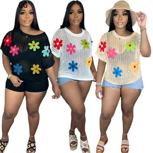Flower Design Hollow Out Loose Tops