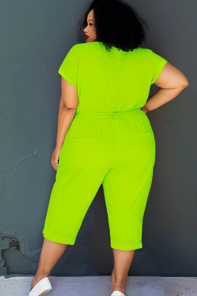 Plus Size Green V Neck Short Sleeve Jumpsuit